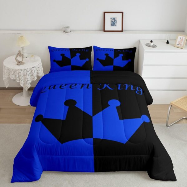 Feelyou Crown Queen and King Comforter Soft Quilt Set,His and Hers Couple Bedding Set for Girls Boys Teens, Romantic Valentine's Day Black and Blue Comforter Set Bedroom Collection 3Pcs King Size