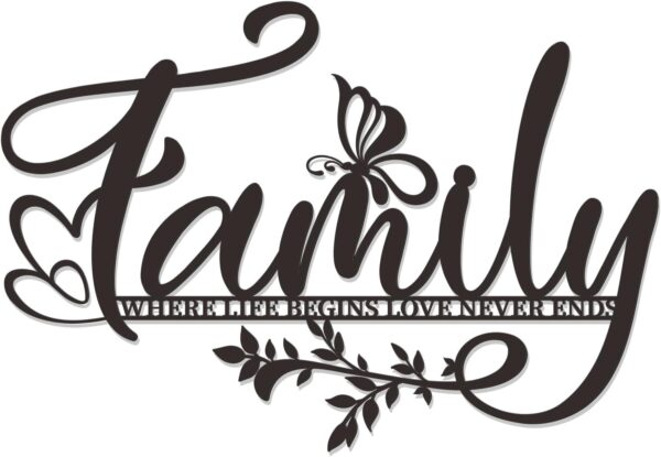 Zzbakress Family Where Life Begins Love Never Ends Sign Metal Wall Art Large Black Family Tree Wall Decor Family Sign Living Room Wall Decor Love Sayings for Bedroom Kitchen Indoor Outdoor (Black)