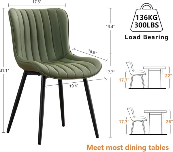 YOUNUOKE Green Dining Chairs Set of 2 Mid-Century Modern Kitchen Dining Room Chairs Armless Faux Leather Upholstered Accent Side Dinner Chair with Padded Back Metal Legs, Olive - Image 2