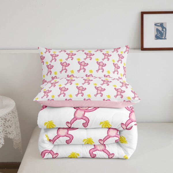 Feelyou Cute Pink Monkey Comforter Animal Monkey Comforter Set for Kids Boys Girls Bedroom Bed Decor Monkey Banana Bedding Set Queen Size Monkey Bed Set for All Season - Image 5