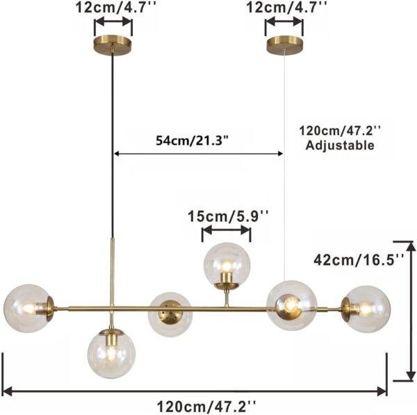 KCO Lighting Globe Linear Chandelier 6 Light Amber Glass Pendant Light Fixture Gold Kitchen Island Chandelier Lighting Long Brass Sputnik Chandelier Dining Room Ceiling Lights - Image 2