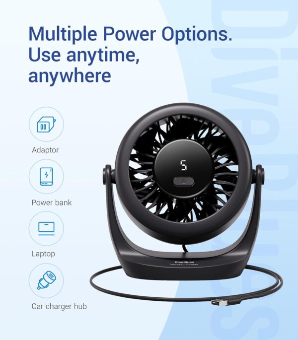 USB Desk Turbo Fan, Ultra-Quiet Mini Desk Fan, Powerful Wind, LED Display, 5 Speed, 360° Rotating Small Portable Fan for Home, Office and Outdoor Cool Tech Gadgets - TurboBreeze - Image 4