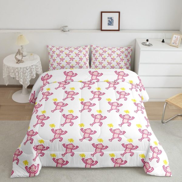 Feelyou Cute Pink Monkey Comforter Animal Monkey Comforter Set for Kids Boys Girls Bedroom Bed Decor Monkey Banana Bedding Set Queen Size Monkey Bed Set for All Season