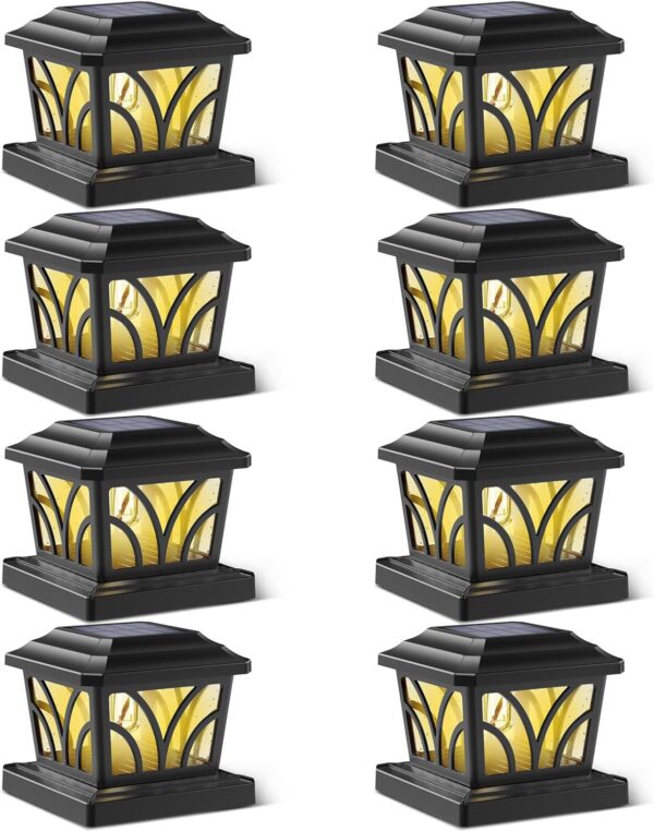 SIEDiNLAR Solar Post Cap Lights Outdoor, Aluminum Glass 2 Modes Edison LED Bulbs for 4x4 5x5 6x6 Wooden/Vinyl Posts Fence Deck Patio Decor, Warm White/Cool White Lighting 8 Pack (Black)