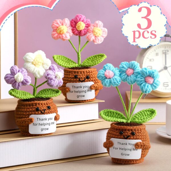 3 Pcs Teacher Appreciation Gifts, Crochet Doll with Card Thank You for Helping Me Grow Teacher Thank You Gifts for Birthday Home Office Decor(Puff Flower) - Image 3