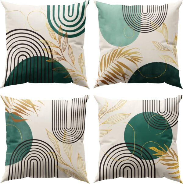 Green Boho Pillow Covers 20x20 Mid-Century Modern Throw Pillows Abstract Geometric Throw Pillow Covers Gold Leaf Pillowcases for Sofa Bed Couch Set of 4