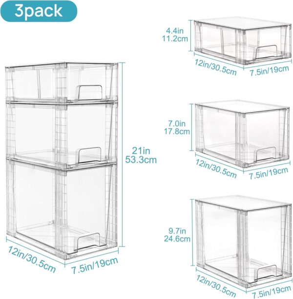 Vtopmart 3 Pack Clear Stackable Storage Drawers,Easy to Assemble Bathroom Organizers and Storage with handles,Plastic Drawers for Kitchen Pantry,Cabinet,Under Sink Organization - Image 3