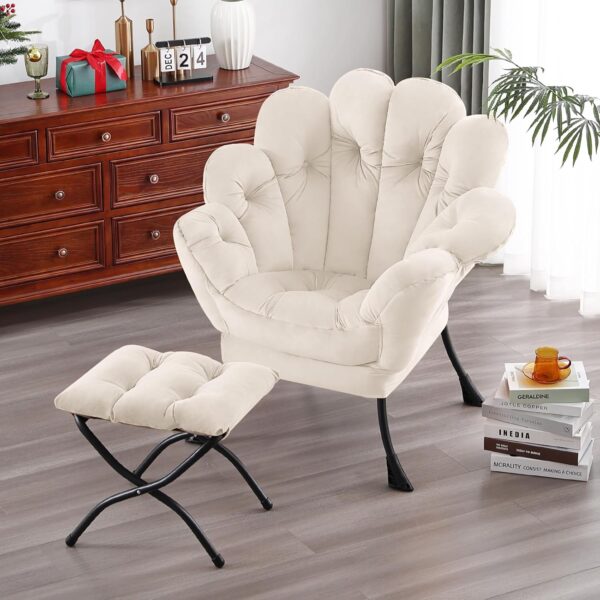 Welnow 2025 Lazy Chair with Ottoman, Comfy Reading Chair Lounge Accent Chair Modern Floral Chair with Footrest Butterfly Leisure Living Room Chair for Small Spaces, Bedroom, Dorm Room, Velvet Beige - Image 5