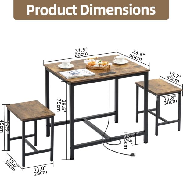 Finnhomy 3-Piece Dining Table Set, Small Kitchen Table with 2 Chairs, LED Light and USB Type-C Power Outlet, Space-Saving Design for Dining Room, Living Room, Apartment, Rustic Brown - Image 5