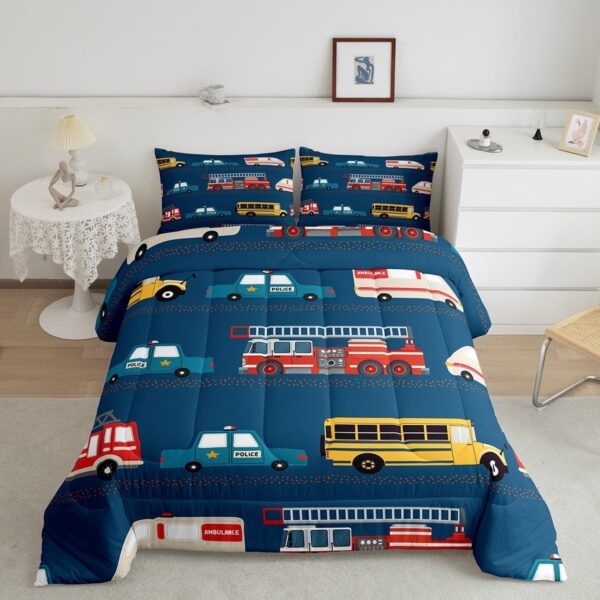 Feelyou Fire Truck Blue Comforter Set,Police Car Down Comforter Queen Size,School Bus Bedding Set for Kids Boys Teens Youth,Equipped Truck Cartoon Vehicle Quilt Duvet Insert Bedroom Dorm Decor 3 Pcs