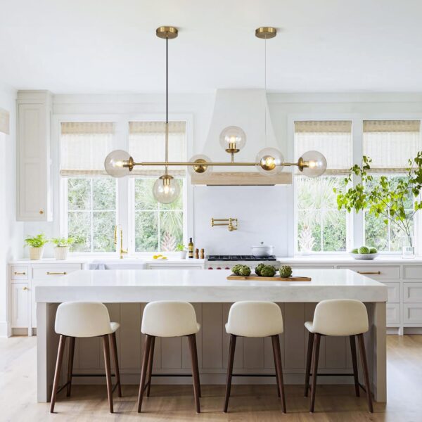 KCO Lighting Globe Linear Chandelier 6 Light Amber Glass Pendant Light Fixture Gold Kitchen Island Chandelier Lighting Long Brass Sputnik Chandelier Dining Room Ceiling Lights - Image 5