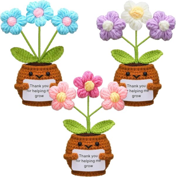 3 Pcs Teacher Appreciation Gifts, Crochet Doll with Card Thank You for Helping Me Grow Teacher Thank You Gifts for Birthday Home Office Decor(Puff Flower)