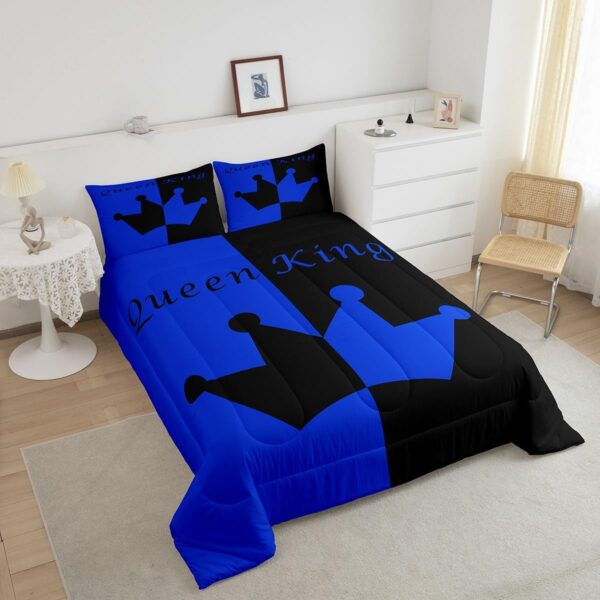 Feelyou Crown Queen and King Comforter Soft Quilt Set,His and Hers Couple Bedding Set for Girls Boys Teens, Romantic Valentine's Day Black and Blue Comforter Set Bedroom Collection 3Pcs King Size - Image 4