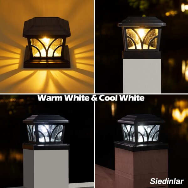 SIEDiNLAR Solar Post Cap Lights Outdoor, Aluminum Glass 2 Modes Edison LED Bulbs for 4x4 5x5 6x6 Wooden/Vinyl Posts Fence Deck Patio Decor, Warm White/Cool White Lighting 8 Pack (Black) - Image 5