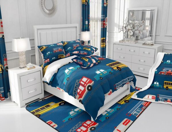 Feelyou Fire Truck Blue Comforter Set,Police Car Down Comforter Queen Size,School Bus Bedding Set for Kids Boys Teens Youth,Equipped Truck Cartoon Vehicle Quilt Duvet Insert Bedroom Dorm Decor 3 Pcs - Image 6