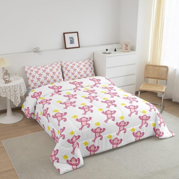 Feelyou Cute Pink Monkey Comforter Animal Monkey Comforter Set for Kids Boys Girls Bedroom Bed Decor Monkey Banana Bedding Set Queen Size Monkey Bed Set for All Season - Image 2