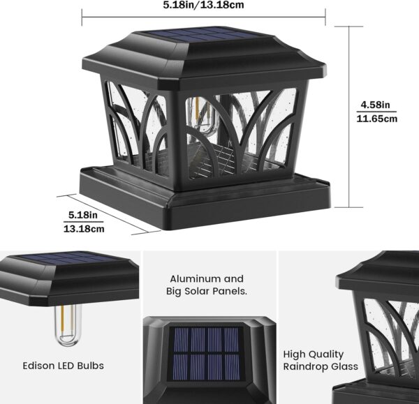 SIEDiNLAR Solar Post Cap Lights Outdoor, Aluminum Glass 2 Modes Edison LED Bulbs for 4x4 5x5 6x6 Wooden/Vinyl Posts Fence Deck Patio Decor, Warm White/Cool White Lighting 8 Pack (Black) - Image 4
