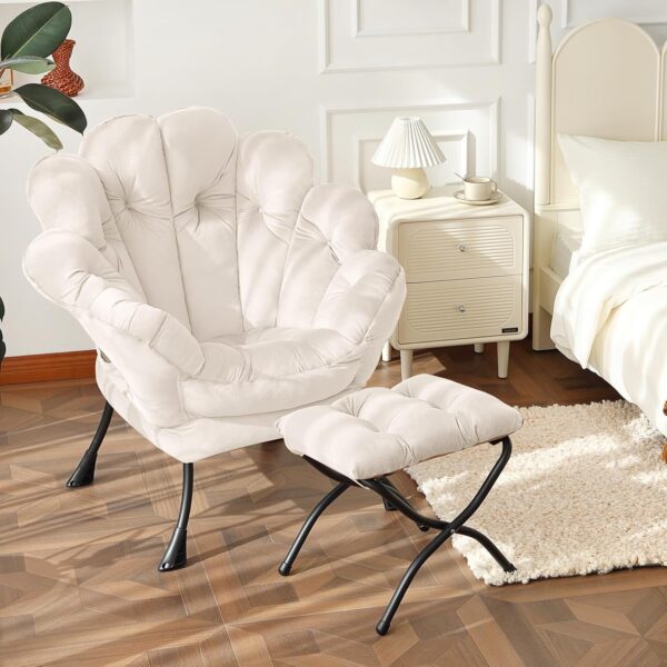 Welnow 2025 Lazy Chair with Ottoman, Comfy Reading Chair Lounge Accent Chair Modern Floral Chair with Footrest Butterfly Leisure Living Room Chair for Small Spaces, Bedroom, Dorm Room, Velvet Beige - Image 2