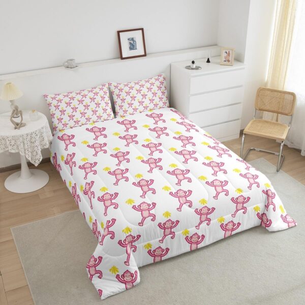 Feelyou Cute Pink Monkey Comforter Animal Monkey Comforter Set for Kids Boys Girls Bedroom Bed Decor Monkey Banana Bedding Set Queen Size Monkey Bed Set for All Season - Image 3