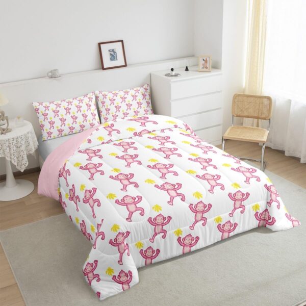 Feelyou Cute Pink Monkey Comforter Animal Monkey Comforter Set for Kids Boys Girls Bedroom Bed Decor Monkey Banana Bedding Set Queen Size Monkey Bed Set for All Season - Image 4