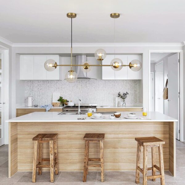 KCO Lighting Globe Linear Chandelier 6 Light Amber Glass Pendant Light Fixture Gold Kitchen Island Chandelier Lighting Long Brass Sputnik Chandelier Dining Room Ceiling Lights - Image 4