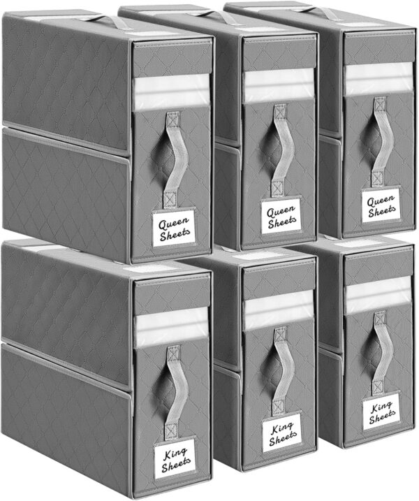 Bed Sheet Organizers and Storage - Foldable Sheet Organizer with Window, Linen Bedding Storage with Label, XL Sheet Storage Organizer for Blanket, Duvet Covers, Pillow, Grey, 6 Pack