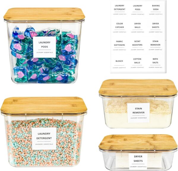 DIDROOM 4 Pack Laundry Room Organization Storage Containers, Laundry Containers, Laundry Pods Container With Lids, Laundry Containers For Organizing Labels For Laundry Room Organization Containers