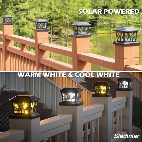 SIEDiNLAR Solar Post Cap Lights Outdoor, Aluminum Glass 2 Modes Edison LED Bulbs for 4x4 5x5 6x6 Wooden/Vinyl Posts Fence Deck Patio Decor, Warm White/Cool White Lighting 8 Pack (Black) - Image 3
