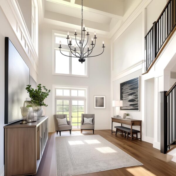 Black Chandelier 12 Light, Large Modern Farmhouse Chandeliers for Dining Room, Industrial Candle Pendant Lighting Fixture for Foyer Hallway Entryway High Ceiling, Bedroom, Living Room, Kitchen E12 - Image 2