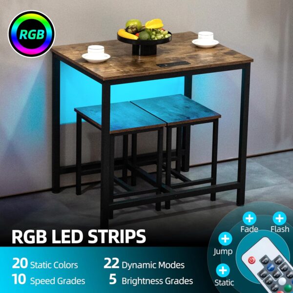 Finnhomy 3-Piece Dining Table Set, Small Kitchen Table with 2 Chairs, LED Light and USB Type-C Power Outlet, Space-Saving Design for Dining Room, Living Room, Apartment, Rustic Brown - Image 4