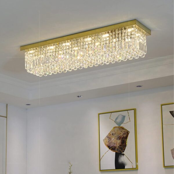 7PM Rectangular Chandelier, Modern Dining Room Light Fixture with Raindrop Chandelier Crystals, 6 Lights Flush Mount Rectangle Chandelier for Dining Room Kitchen, L31.5” x W10” x H10” Gold - Image 4