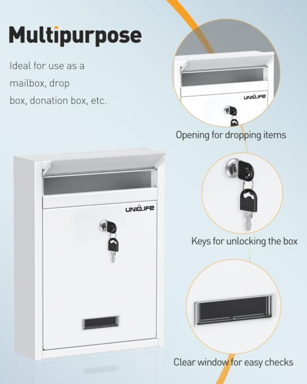 Uniclife Wall Mount Mailbox for Outside, Locking Mailbox, Large Mailbox with Key Lock, Security Mail Box for House, Safe Key Drop Box, Post Box, Steel Cash Drop Box for Home Office School, White - Image 3
