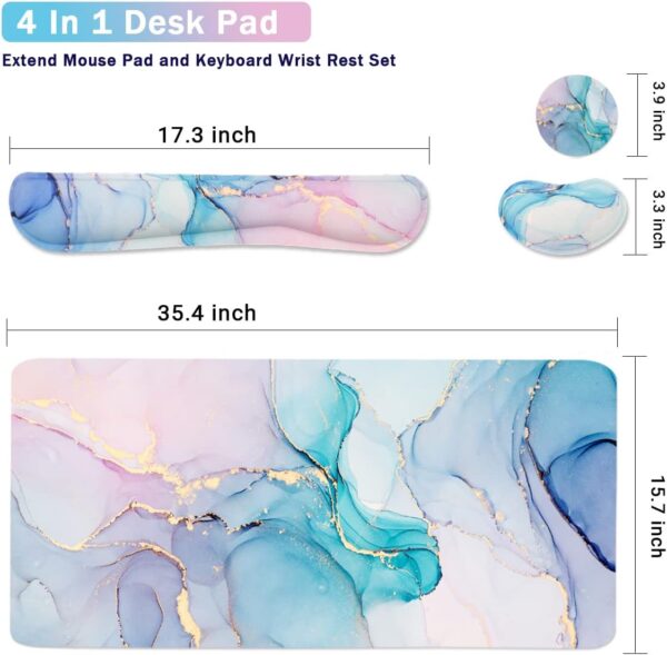 4-in-1 Large Gaming Mouse Pad, Keyboard Wrist Rest Pad & Wrist Support Mousepad Set, Extended Desk Pad Waterproof Desk Mat for Home Office Study Game - Blue - Image 3