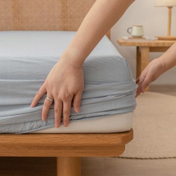 BESTOUCH Sheet Set 100% Washed Cotton Linen Feel Super Soft Comfortable Chic Lightweight 4 Pcs Home Bedding Set Solid Cornflower Blue Full - Image 6