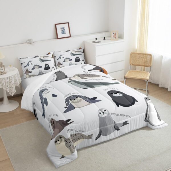 Feelyou Kids Cartoon Seal Comforter Set Twin Size Cute Ocean Marine Animal Bedding Set for Boys Girls Teens Sea Creature Decor Comforter Seal Collection Duvet Set Bedroom Quilted - Image 4