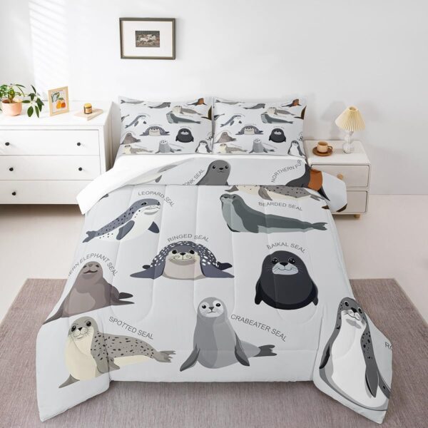 Feelyou Kids Cartoon Seal Comforter Set Twin Size Cute Ocean Marine Animal Bedding Set for Boys Girls Teens Sea Creature Decor Comforter Seal Collection Duvet Set Bedroom Quilted - Image 6