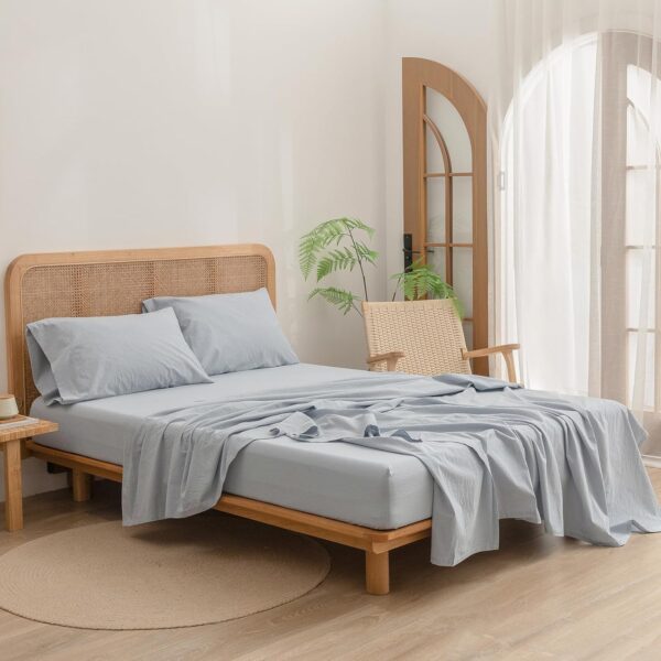 BESTOUCH Sheet Set 100% Washed Cotton Linen Feel Super Soft Comfortable Chic Lightweight 4 Pcs Home Bedding Set Solid Cornflower Blue Full - Image 4