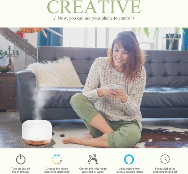 ASAKUKI Smart Wi-Fi Essential Oil Diffuser, App and Voice Control Compatible with Alexa, 500ml Aromatherapy Humidifier for Relaxing Atmosphere in Home Office Bedroom Gold - Image 2