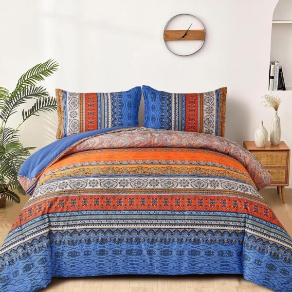 Boho Comforter Queen Size, 3 Piece Blue Orange Bohemian Striped Western Comforter Set, Ultra Soft Lightweight Microfiber Boho Hippie Bedding Set with 2 Pillow Shams for All Seasons