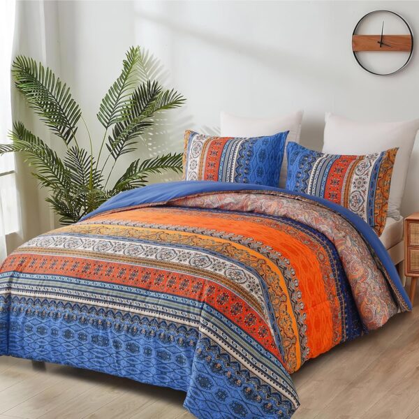Boho Comforter Queen Size, 3 Piece Blue Orange Bohemian Striped Western Comforter Set, Ultra Soft Lightweight Microfiber Boho Hippie Bedding Set with 2 Pillow Shams for All Seasons - Image 3
