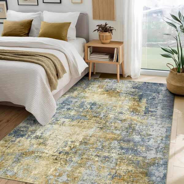 Area Rug Living Room Rugs - 5x7 Modern Abstract Soft Indoor Neutral Washable Rug Stain Resistant Non-Slip Low Pile Carpet for Bedroom Dining Room Home Office - Blue/Grey/Yellow - Image 2