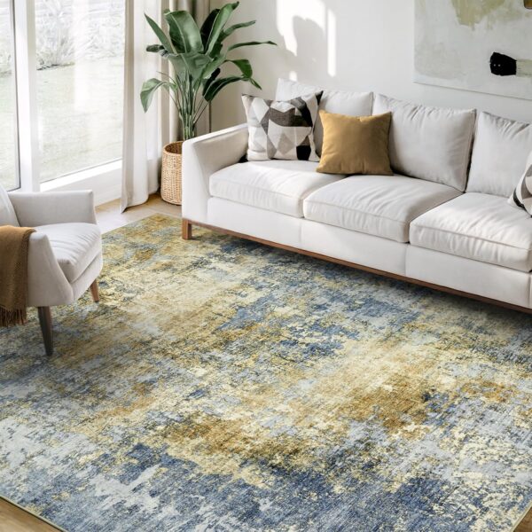 Area Rug Living Room Rugs - 5x7 Modern Abstract Soft Indoor Neutral Washable Rug Stain Resistant Non-Slip Low Pile Carpet for Bedroom Dining Room Home Office - Blue/Grey/Yellow - Image 7